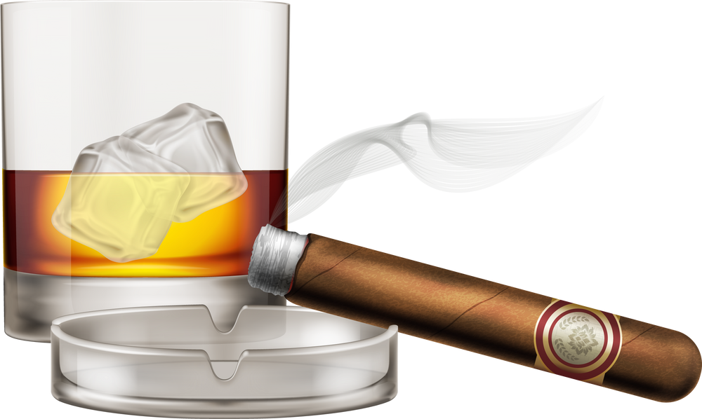 Whiskey Glass with Cigar and Ashtray